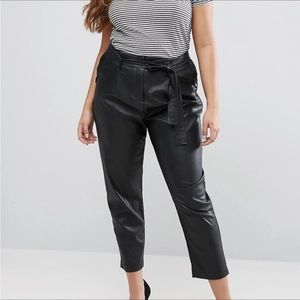 ASOS NEW Black Faux Leather Belted Paperbag Pants High Waist Tapered Size 12